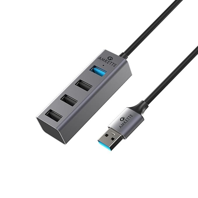 Amkette 4-Port USB 3.0 Hub (Grey) - High-Speed Data Transfer for PC/MacBook